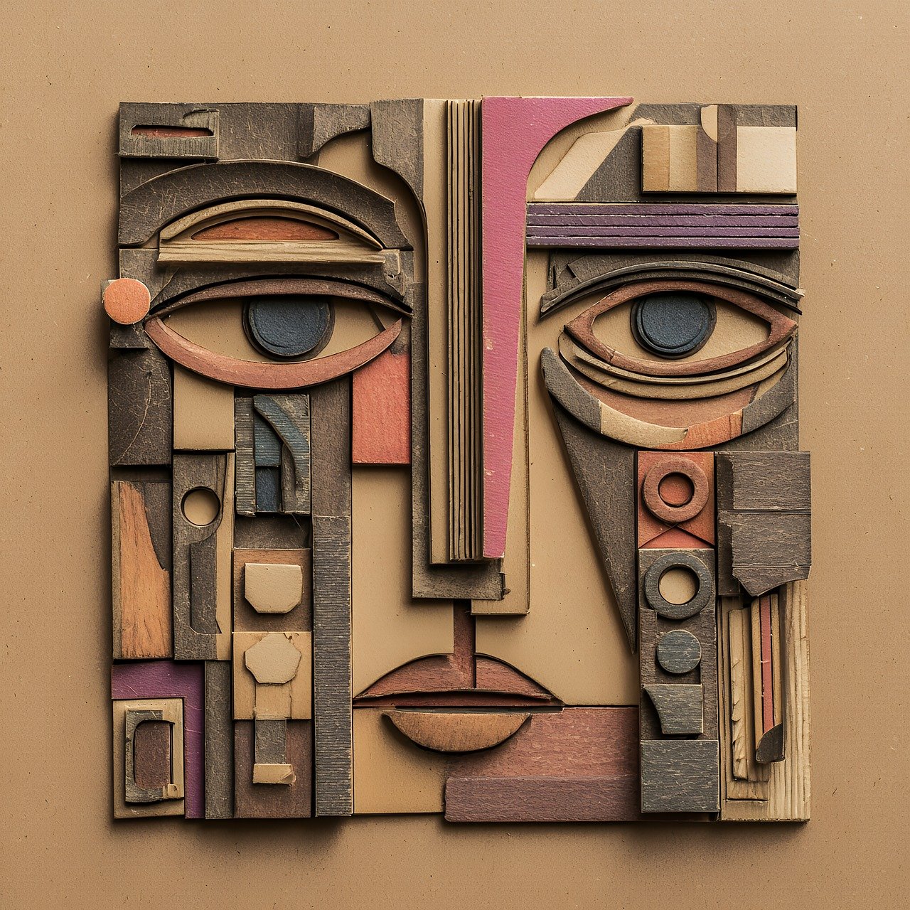 abstract, geometric, cubist, sculpture, relief, modern, face, wall, art, design, pink, brown, metallic, dimensional, contemporary, decorative, architectural, minimal, shapes, angles, structured, linear, artistic, creative, ai generated