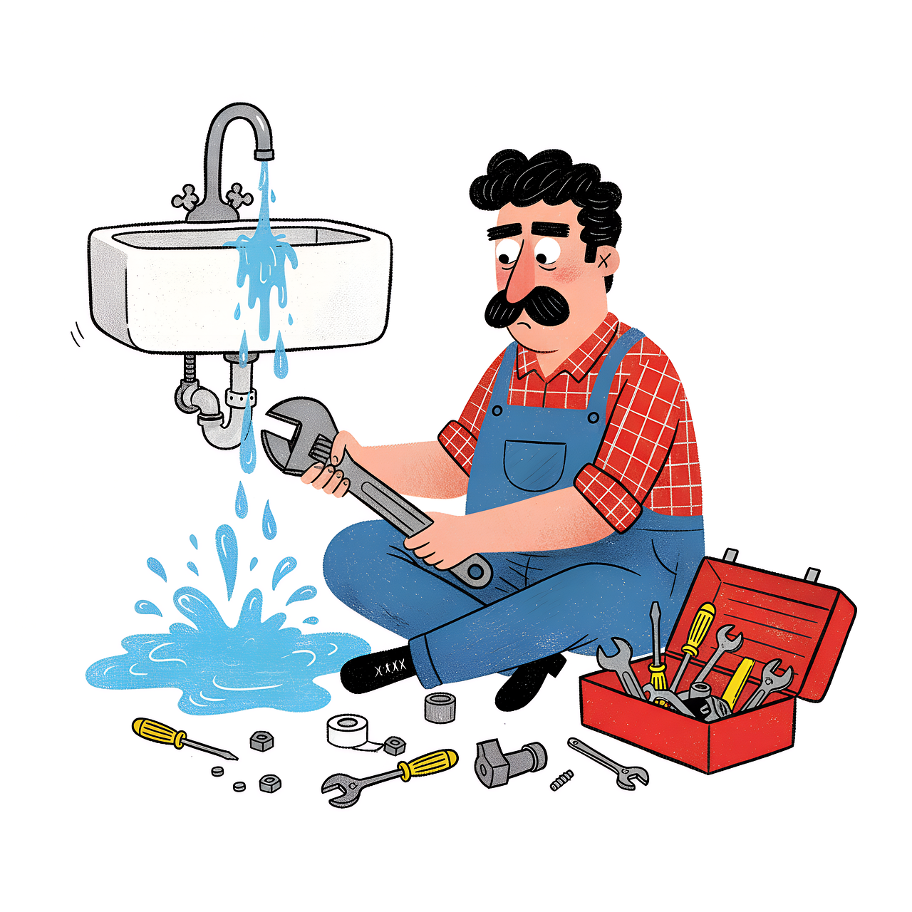 plumber illustration, plumbing cartoon, handyman character, fixing sink drawing, water leak art, plumber tools cartoon, daily life illustration, handyman service art, funny character design, maintenance cartoon, worker with mustache, water splash cartoon, worker illustration, plumber service artwork, cute handyman, home fixing drawing, plumbing pipe repair, cartoon occupation, ai generated
