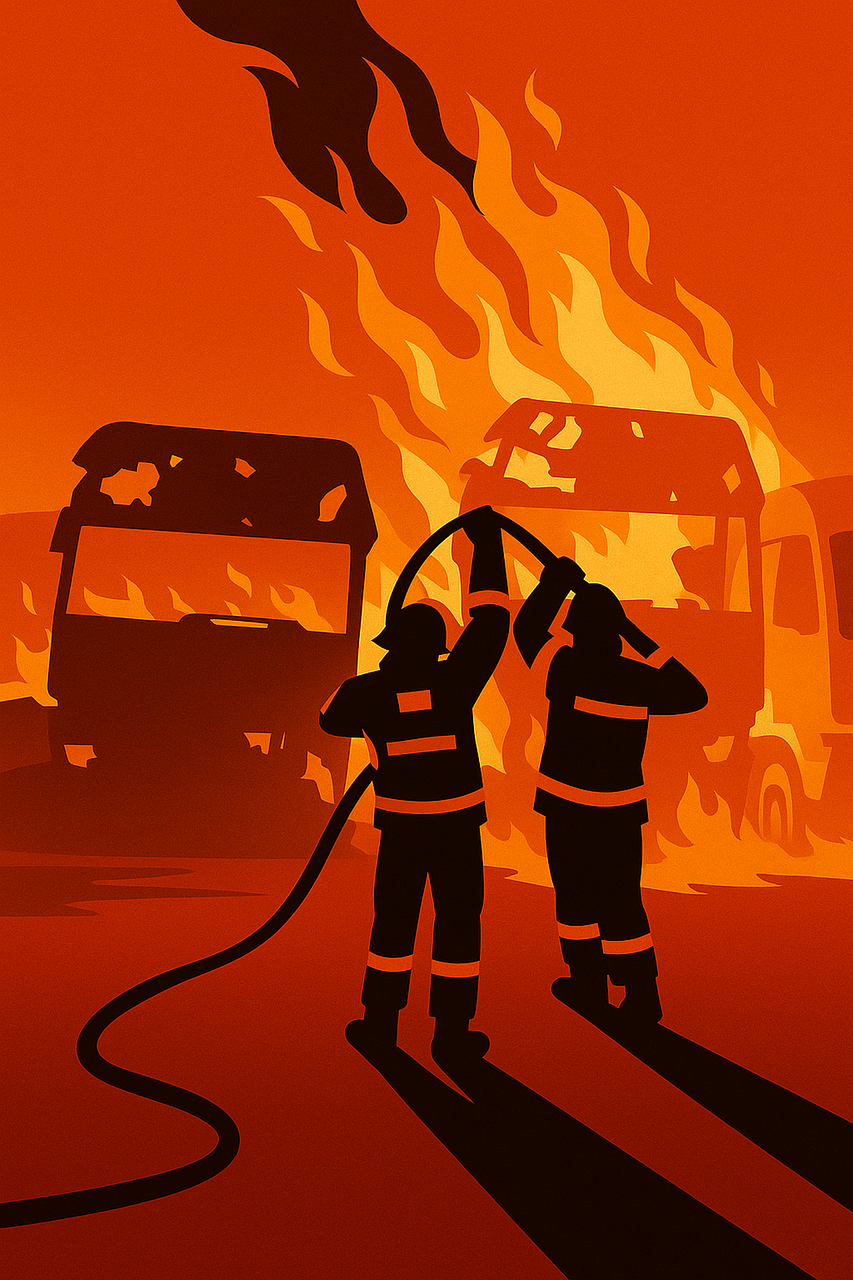 firefighters, fire, flames, burning, blaze, trucks, emergency, rescue, teamwork, danger, smoke, accident, inferno, dramatic, silhouette, safety, hero, disaster, ai generated