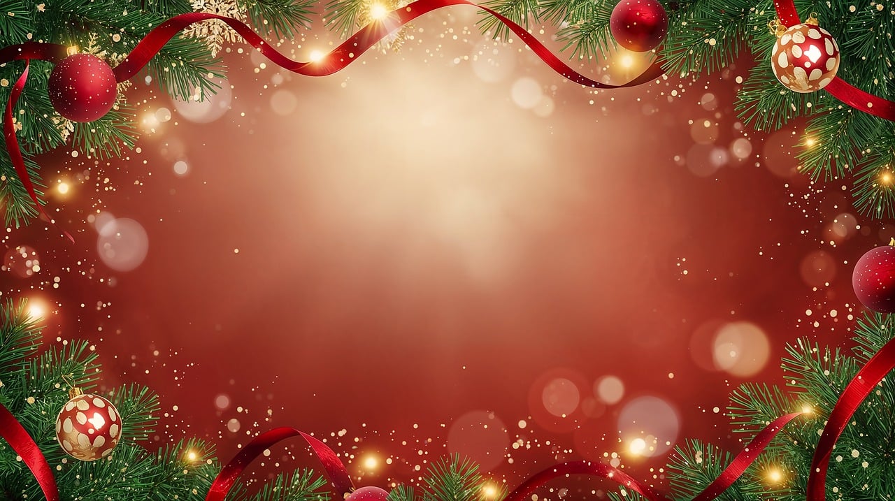 christmas, festive, border, red, gold, ribbon, baubles, garland, pine, bokeh, sparkling, background, holiday, decoration, lights, glitter, joy, season, evergreen, winter, ai generated