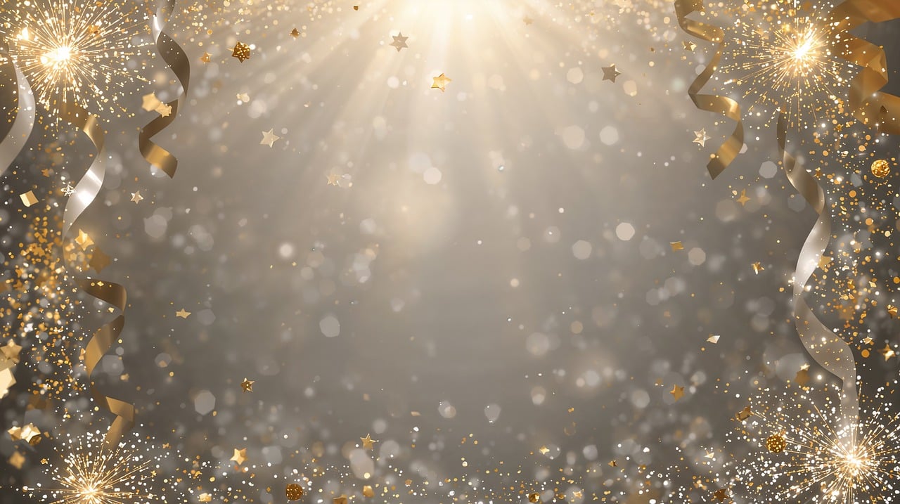 celebration, new year, sparkle, gold, confetti, fireworks, festive, background, abstract, happy, holiday, glitter, stars, ribbon, light, bright, shiny, event, party, joyous, ai generated