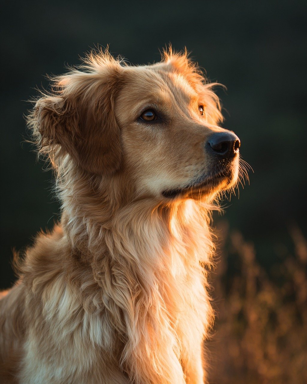 golden retriever, dog, pet, animal, canine, backlit, golden hour, sunset, rim light, glow, warm tones, outdoor, nature, 8k wallpaper, portrait, shallow depth of field, bokeh, lens flare, minimal background, copy space, photorealistic, 8k, detailed, soft light, elegant, serene