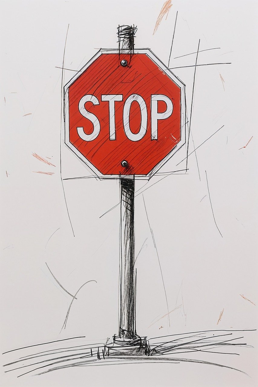 stop sign, drawing, sketch, hand-drawn, traffic, regulation, red, octagon, pole, warning, mixed media, crayon, ink, doodle, concept, rough, vertical, isolation, bold, ai generated