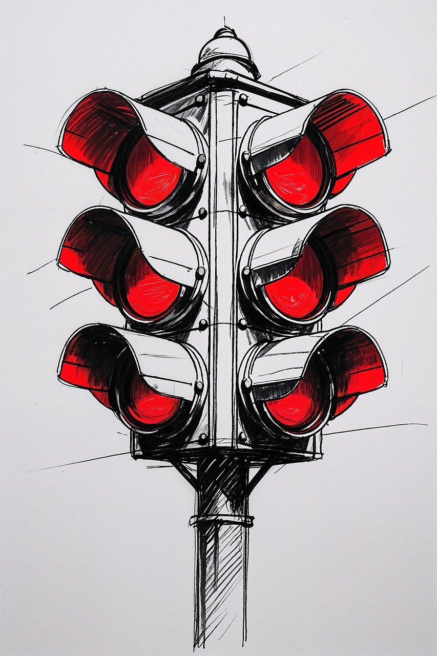 traffic light, red light, stop, danger, caution, vintage, signal, street, urban, sketch, drawing, warning, control, black and white, vibrant red, ink, pole, intersection, antique, ai generated