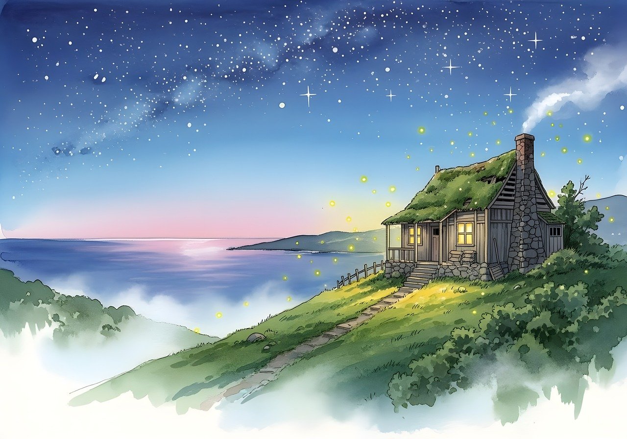 cottage, remote, sea mist, hills, sea, children's book, starry sky, ai generated