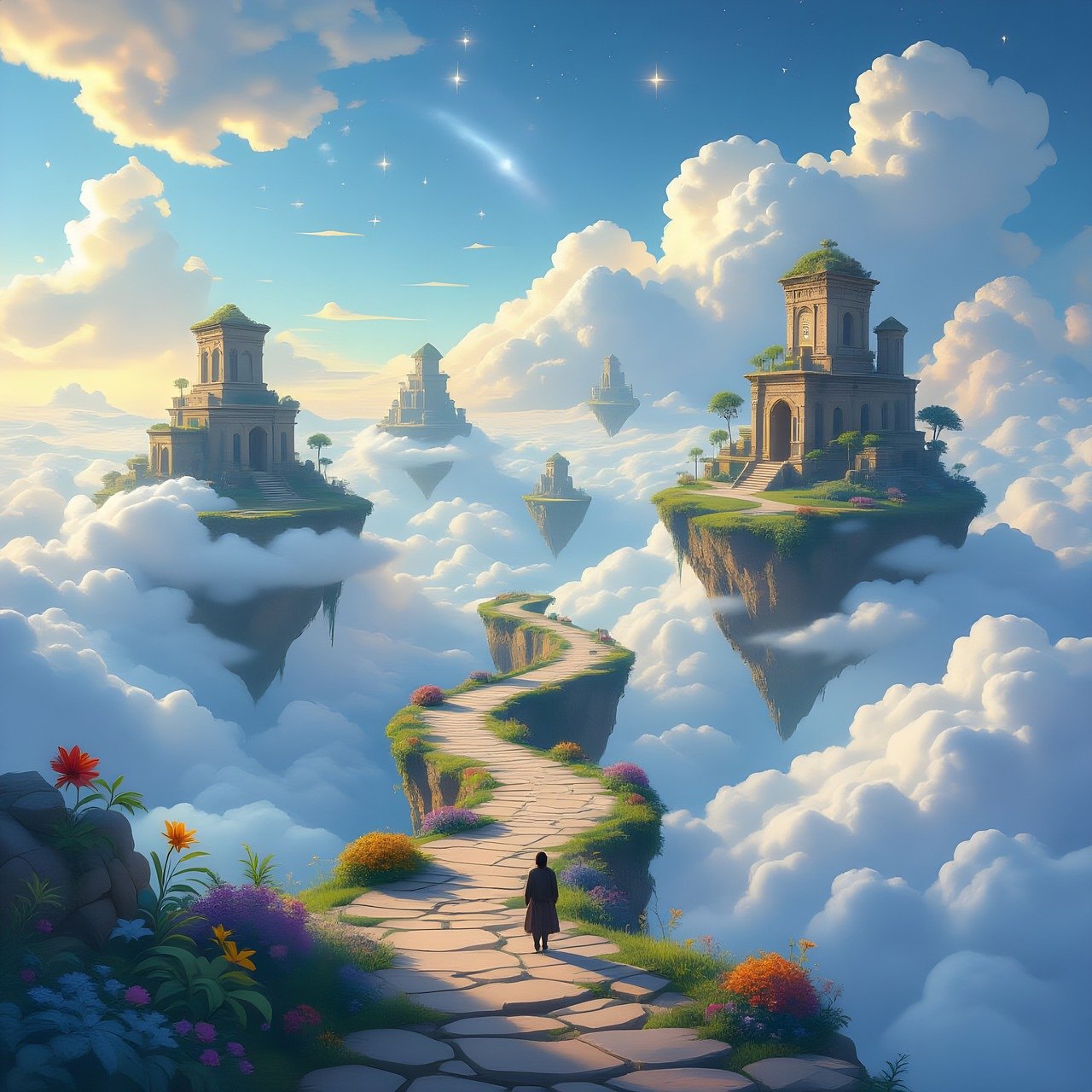 fantasy, dream, surreal, mystical, islands, landscape, floating, flying, castle, architecture, building, palace, old, sky, clouds, path, walkway, pavement, bridge, road, stone, person, ai generated, copy space
