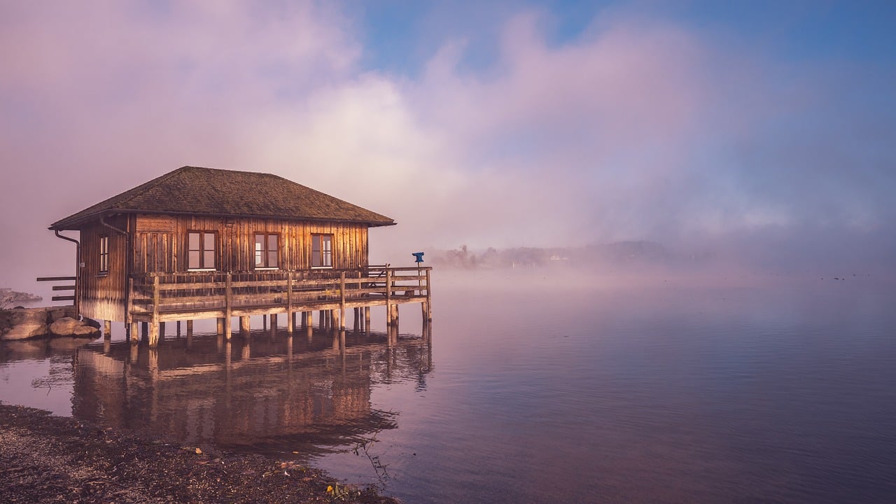 boathouse, lake, water, hut, woodhouse, waters, fog, morning mist, sunrise, nature, haze, foggy, sunlight, tomorrow