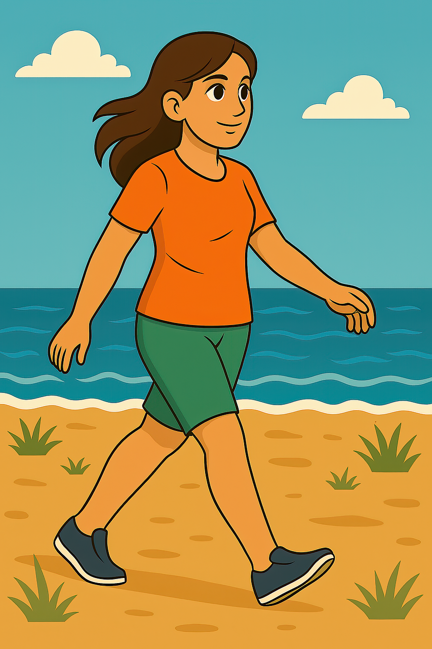 woman, beach, vacation, walking, exercise, fitness, healthy, person, female, girl, ocean, sea, iphone wallpaper, book cover, life style, cartoon, nature, ai generated