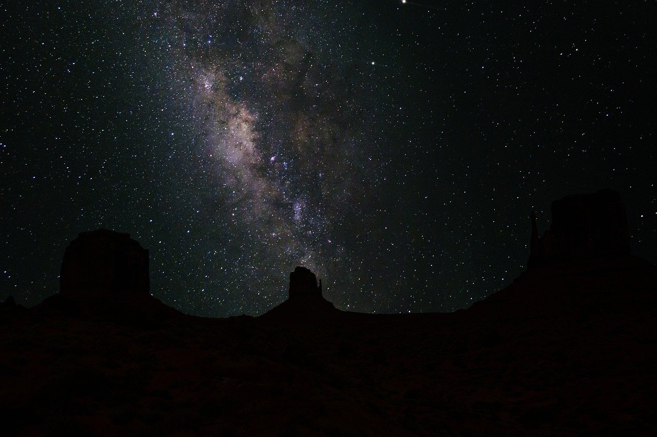 milky way, universe, galaxy, space, stars, sky, night, cosmos, astronomy, constellations, stargazing, dark, monument valley, usa, arizona, navajo, landscape, hd wallpaper, monument, america, travel, scenic, mood, wallpaper, copy space, greeting card