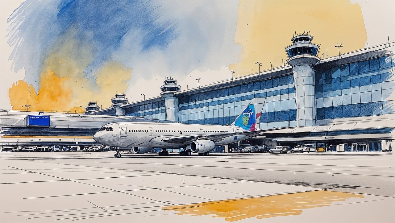 airport, airplane, terminal, aviation, runway, jet, travel, flight, control tower, modern, architecture, sketch, watercolor, transportation, international, ground, waiting, departure, commercial, building, ai generated