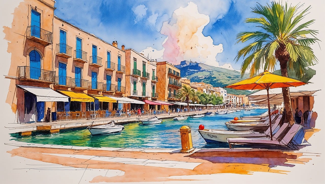 canal, waterfront, mediterranean, resort, colorful, buildings, boats, palm tree, sunny, travel, tourism, watercolor, sketch, harbor, leisure, architecture, mountains, promenade, umbrella, relaxation, ai generated