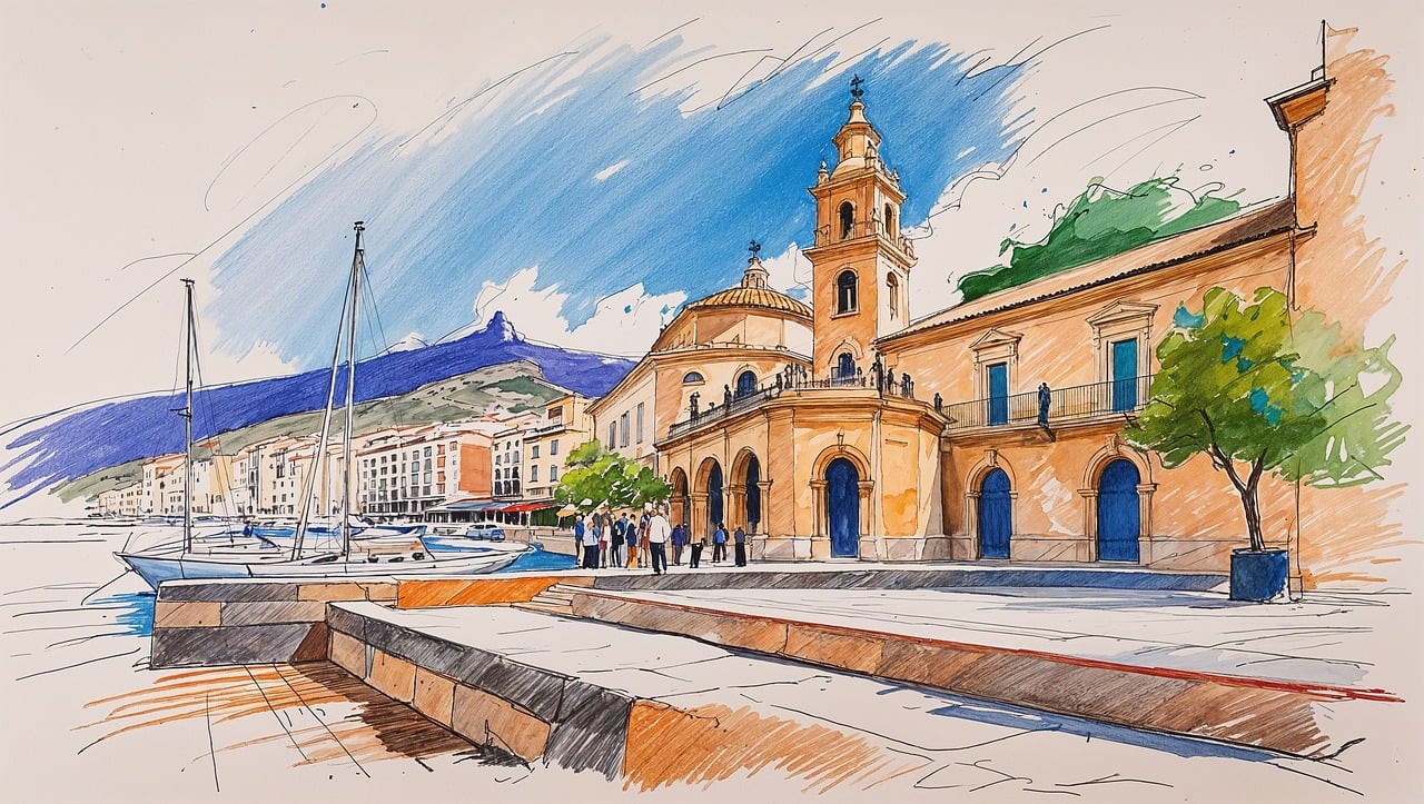 harbor, waterfront, mediterranean, coastal, town, church, architecture, bell tower, boats, sailboats, mountains, sunny, sketch, watercolor, cityscape, port, marina, promenade, travel, european, ai generated