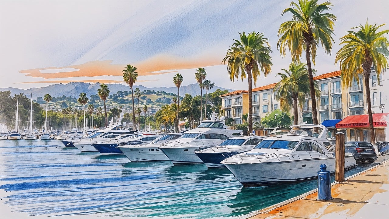 marina, yachts, boats, harbor, palm trees, waterfront, mediterranean, resort, luxury, travel, sunny, watercolor, sketch, seaside, architecture, docks, mountains, tropical, leisure, blue water, ai generated