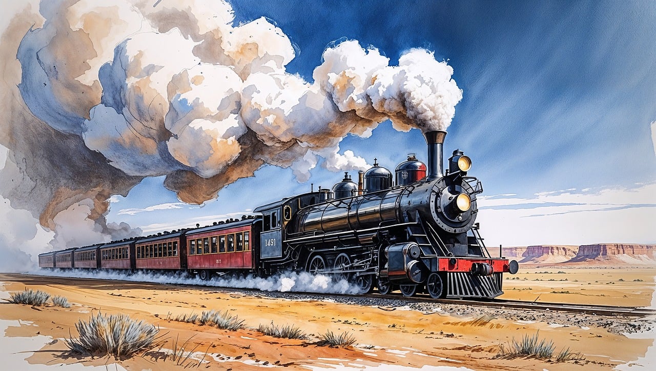 steam train, locomotive, railroad, desert, western, vintage, travel, transportation, smoke, railway, watercolor, sketch, engine, historic, wilderness, tracks, old-fashioned, carriage, vast, panorama, ai generated