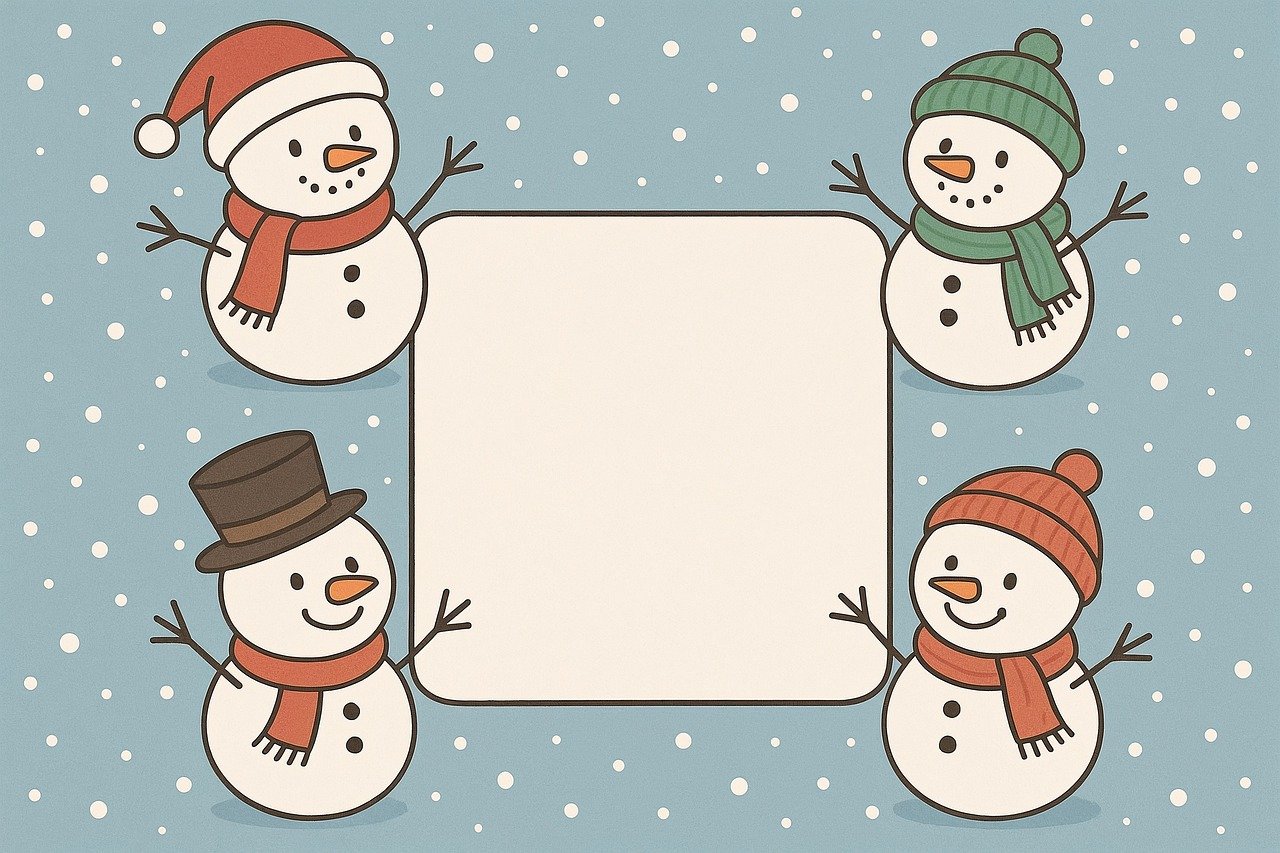 snowmen, winter, holiday card, border, blank space, snowfall, festive, cartoon, cute, scarves, hats, seasonal, greeting, template, cheerful, happy, arms, simple, blue background, ai generated
