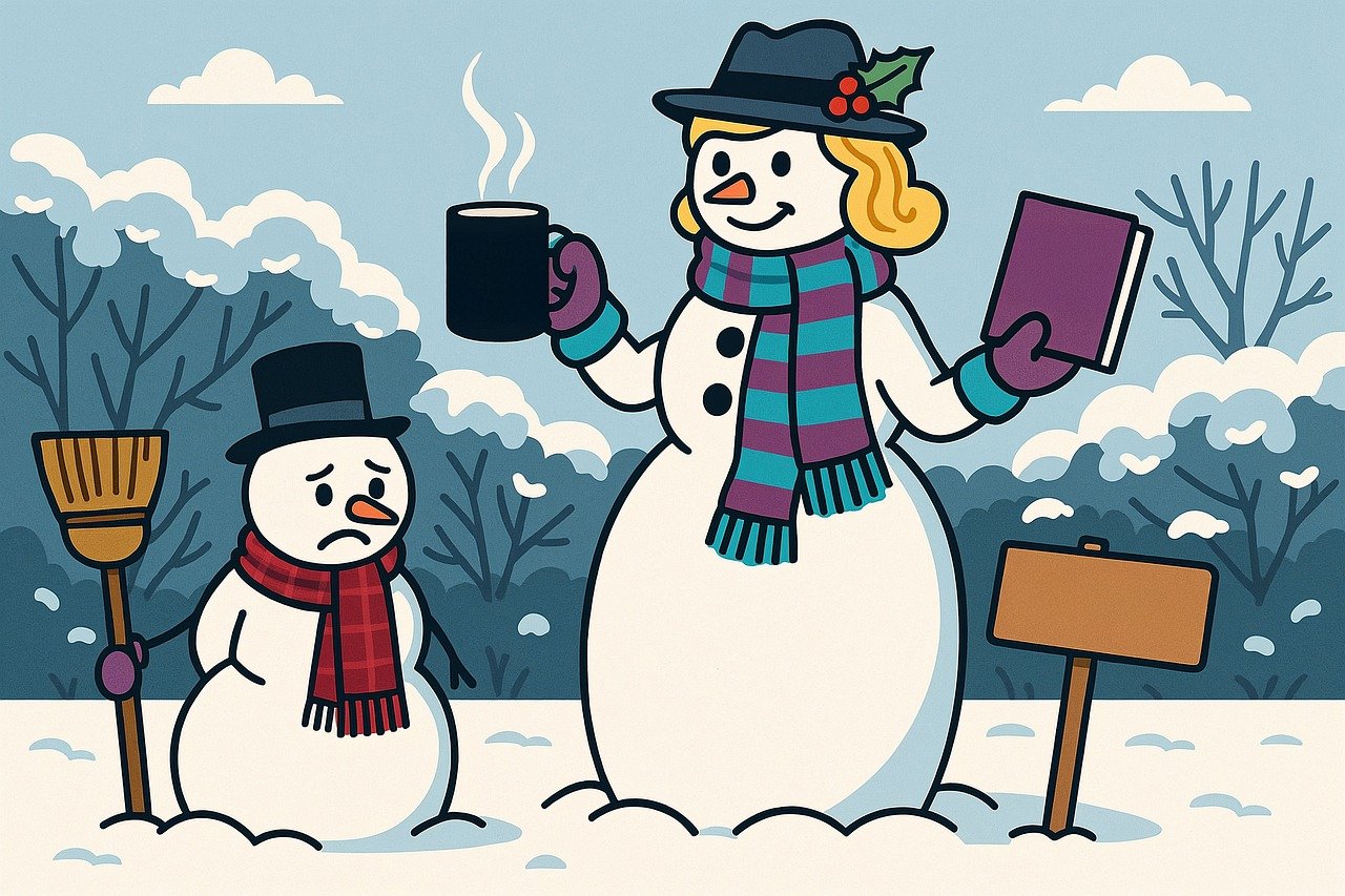 winter scene, snowmen, cold, cozy, scarf, hat, hot drink, book, broom, melancholy, cheerful, outdoor, holiday, nature, forest, signpost, cartoon, whimsical, blue sky, frozen trees, ai generated